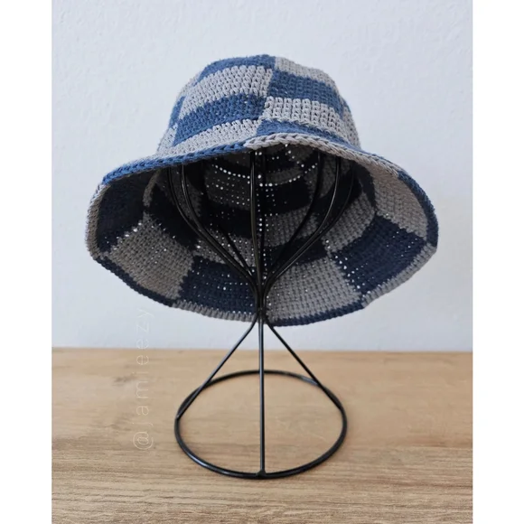 Checkered Crochet Bucket Hat - Navy/Gray (Handmade) - Picture 2 of 11